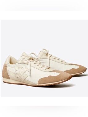 Tory Burch Tory Leather Suede Logo Lace Up Sneakers Ivory Tan 9.5 Retro Designer